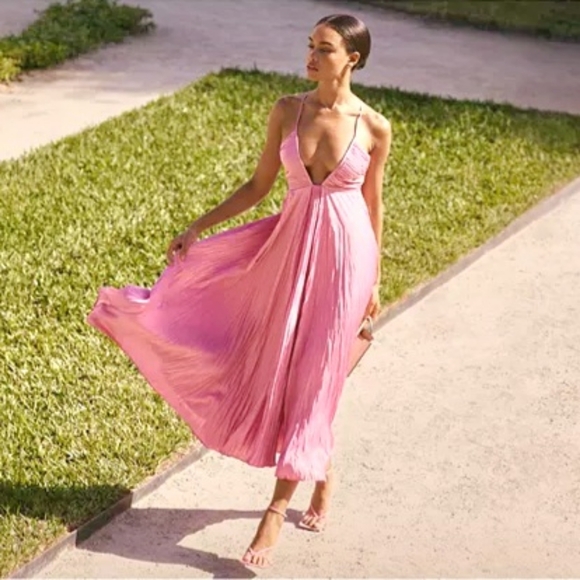 strapless open back dress Alchimie Pink Glossy Pleated Maxi Dress